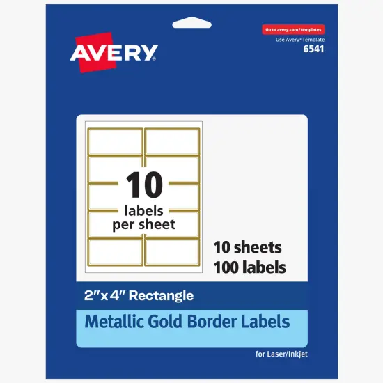Avery Printable Rectangle Labels, 2" x 4" Shipping Labels, Matte White with Metallic Gold Border, Permanent Adhesive, Laser & Inkjet Compatible, 100 Blank Labels (6541) {1}