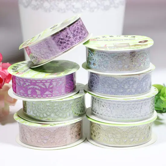 SallyFashion Lace Washi Tape, 6 Roll Lace Pattern Glitter Bling Self-Adhesive Tape Diamond Washi Tape Masking DIY Scrapbooking Lace Tape Sticker Color Random {5}