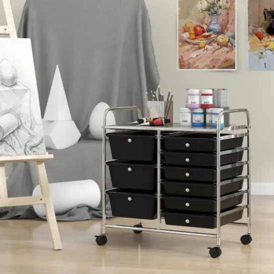 9-Drawer Rolling Storage Cart with Metal Frame and Locking Wheels for Office or Home Use Black {2}