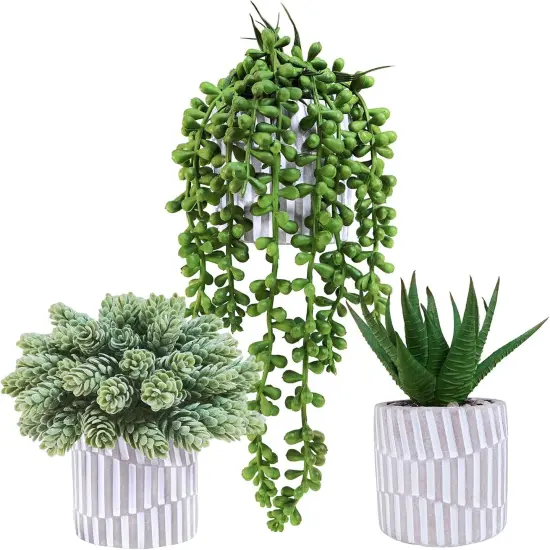3-Pack Artificial Succulents &ndash; Stylish Greenery in Gray Geometric Pots {1}