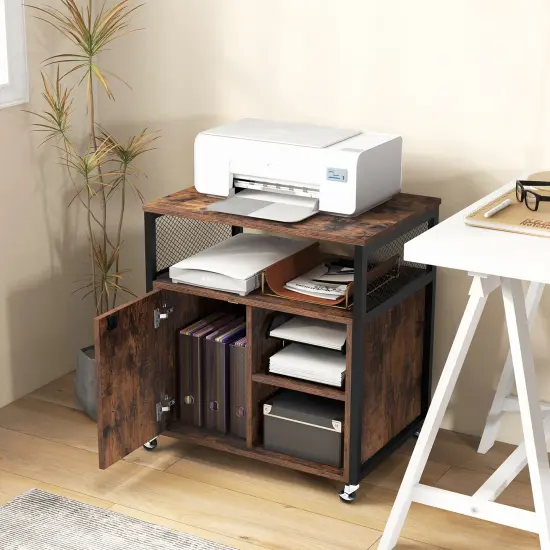 File Cabinet on Wheels with Charging Station and Cable Management Hole Brown {3}