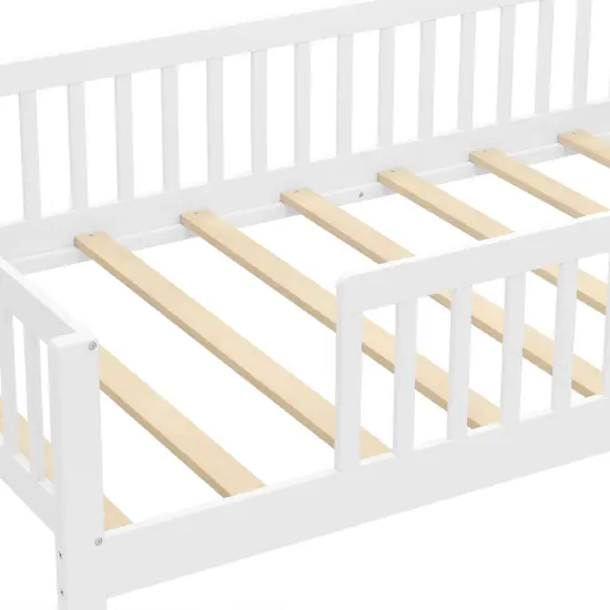 Wood Montessori Twin Bed with House-shaped Headboard, Guardrails, Built-in Storage Shelf White {5}