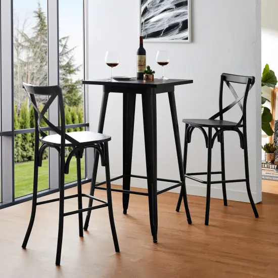 3 Piece Pub Table and Bar Chair Set - Steel Square Bar Table and Bar Chair Set Black {3}