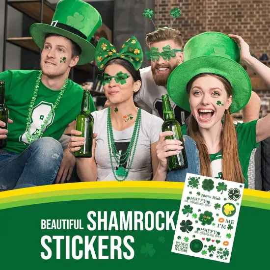 29Pack St Patricks Party Favors of 16pcs Shamrock Beads Necklace Bulk, 6pcs Clover Eyewear Sunglasses, 6pcs Green Hats Headband, 1pc St. Patrick's Day Stickers Party Dressing-up Costume Accessories {5}
