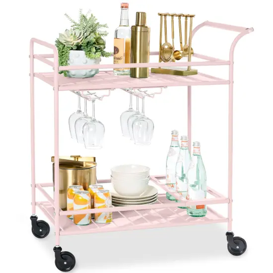 Best Choice Products 2-Tier Rolling Bar Cart Indoor/Outdoor w/ Storage Shelves, Wine Rack, Lockable Wheels Pink {1}