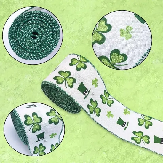 4 Rolls Shamrock Wired Edge Ribbon - 2.5''&times;24 Yard St Patrick's Day Green Wired Ribbon, Burlap Plaid Shamrock Fabric Craft Irish Ribbon for Gift Wrapping, Wedding Birthday Crafts Decorations {2}