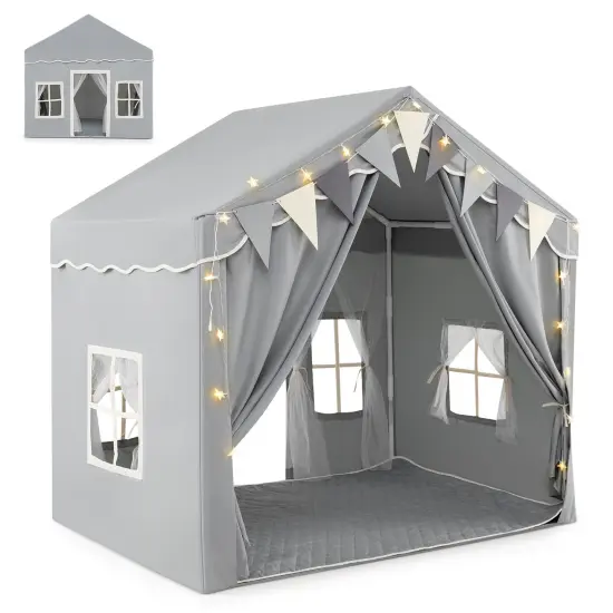 Kids Large Play Tent House with 2 Opening Door and Star Lighting Perfect for Gift Grey {1}