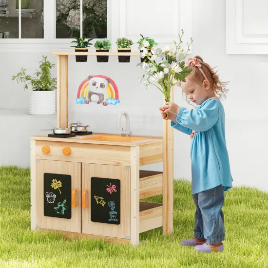 Kids Mud Kitchen Fir Wood Playset with Planting Pots and Blackboards-Natural {3}