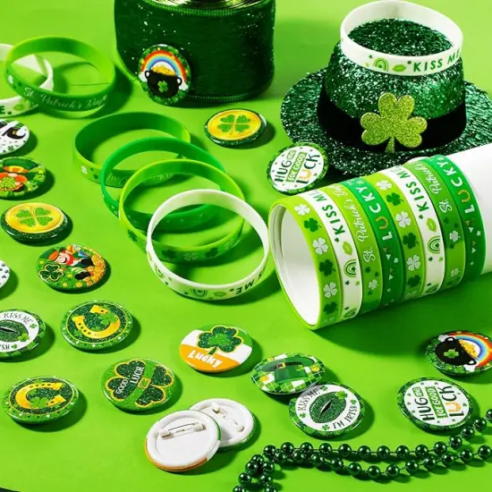 72 Pieces St. Patrick's Day Party Favors Including Green Shamrock Bracelet Lucky Rubber Wristbands Irish Clover Badges Bulk for Saint Patrick's Day Accessories Set Birthday Party Supplies Decor {4}