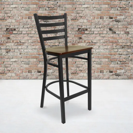 Emma and Oliver 2 Pack Ladder Back Metal Restaurant Barstool Mahogany/BlackMetal {1}