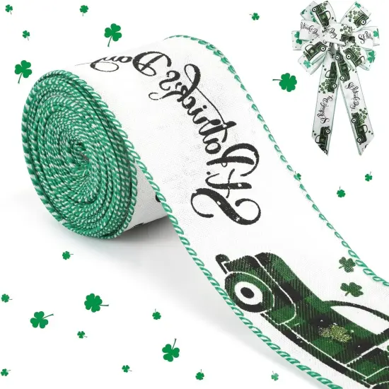 St. Patricks Day Ribbon Wired, Glitter Shamrock Green Truck Fabric Ribbons Gift Wrapping DIY Craft Wreath {1}
