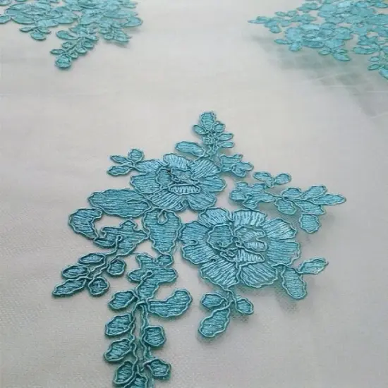 1 Yard Aqua French Floral Mesh Lace Fabric Corded Scallop Bridal Dress 54 Inches Wide {2}