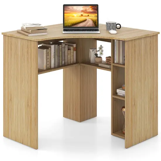 Costway L-Shaped Computer Desk with Storage Shelves Adjustable Shelf for Home Office Natural/White {7}