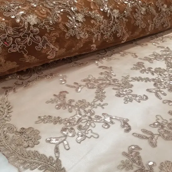 1 Yard Bronze Metallic Flowers Sequins Mesh Lace Fabric for Tablecloths and Costumes {3}