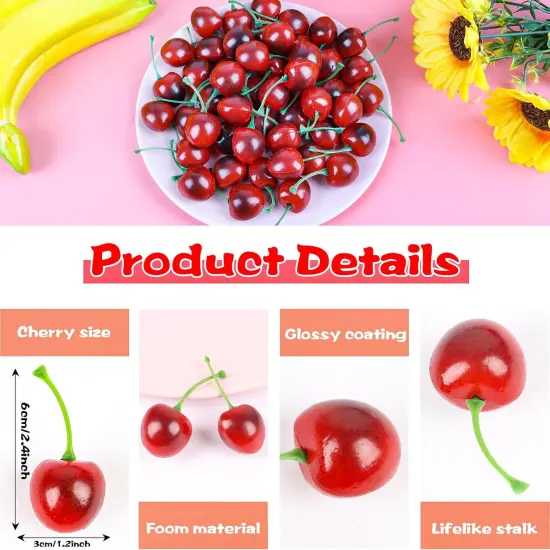 50pcs Artificial Fruit Cherries,Lifelike Fake Cherry Simulation Decor {2}