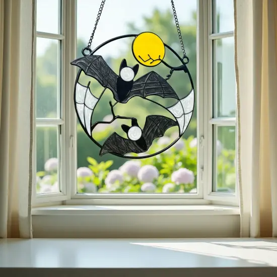 Stained Enamel and Metal Bat Moon Suncatcher Window Pane {3}