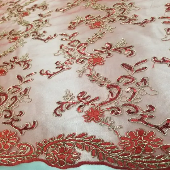 1 Yard Red Metallic Flowers Sequins Mesh Lace Fabric for Tablecloths and Costumes {4}