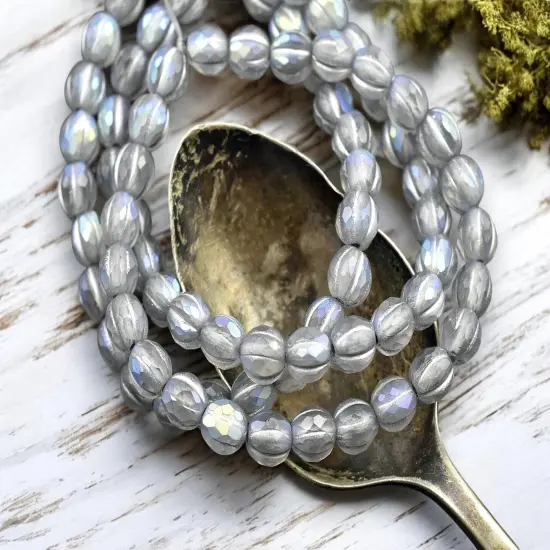 *25* 6mm Silver Washed Matte Grey AB Faceted Round Melon Beads {2}