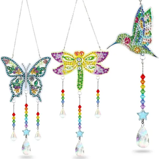 3 Pieces Painting Suncatcher Wind Chime Diamond Art Kits Double Sided Crystal Gem Paint by Number Hanging Ornament for Adults DIY Window Home Garden (Dragonfly, Butterfly, Hummingbird) {1}