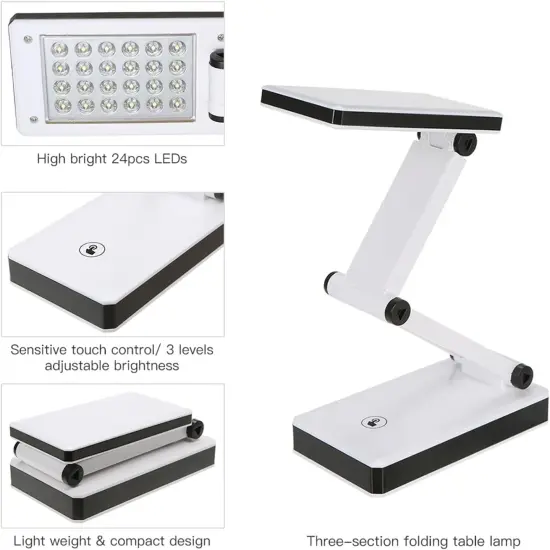 Foldable LED Desk Lamp Portable LED Table Lamp Folding Light Sensitive Touch Control 3 Levels Adjustable Brightness Battery and USB Powered for Travel Studing Home Office School(2 Packs) {3}