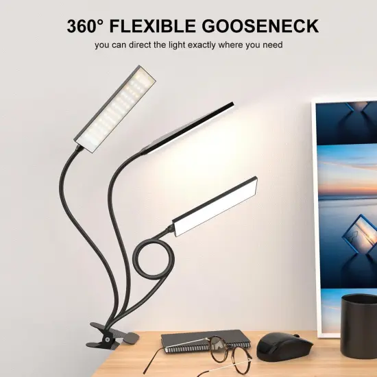 LED Desk Lamp with Eye-Caring LED Light and Metal Clip, 11 Level Brightness 3 Color Modes, Power by USB Port 5W Flexible Gooseneck Reading Light for Home and Office (5W, Black) {2}