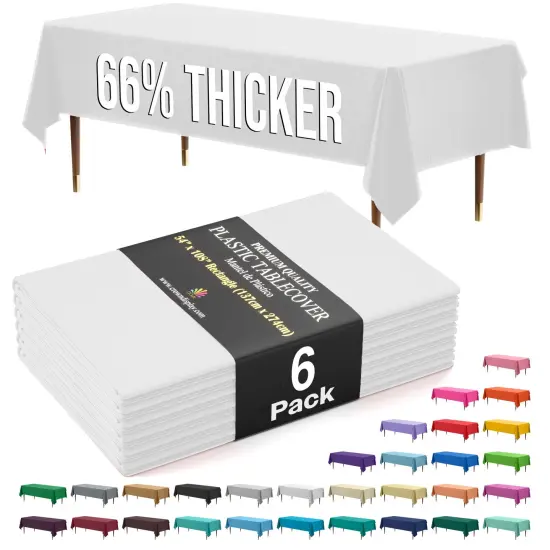 Exquisite 6-Pack Premium Plastic Tablecloth 54in. x 108in. Rectangle Plastic Table Cover White {1}