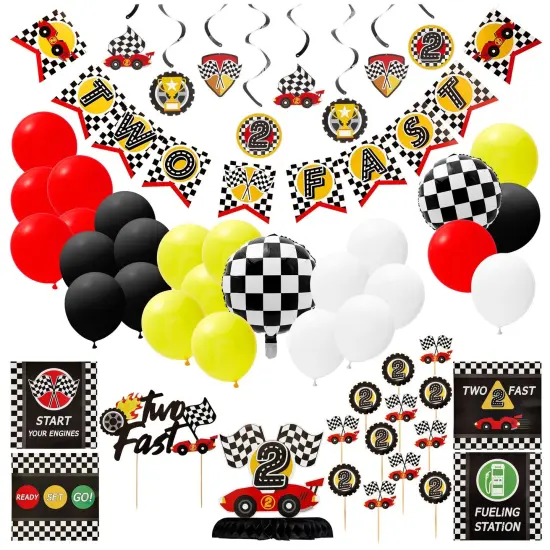51 Piece Two Fast Car Themed Birthday Decorations, Party Supplies Including Banner, Cake Toppers, Balloons, Centerpieces, and Wall Signs Multicolor {1}