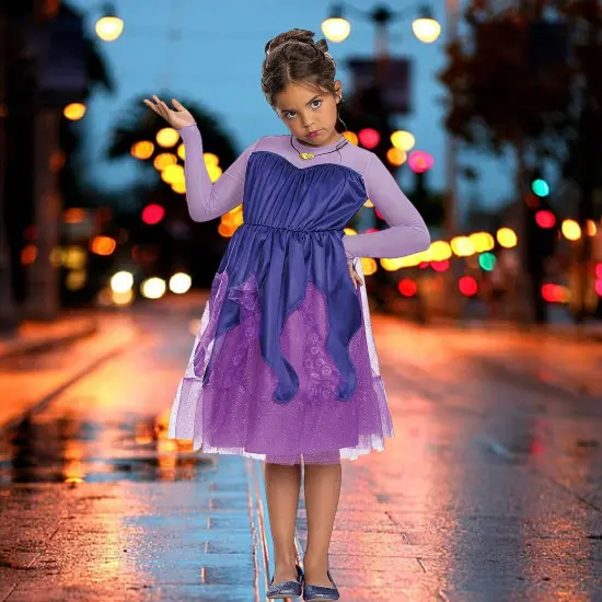 Kid's Ursula Costume Medium Purple Sea Witch Dress Tentacles Print Perfect for Halloween & School Events {1}