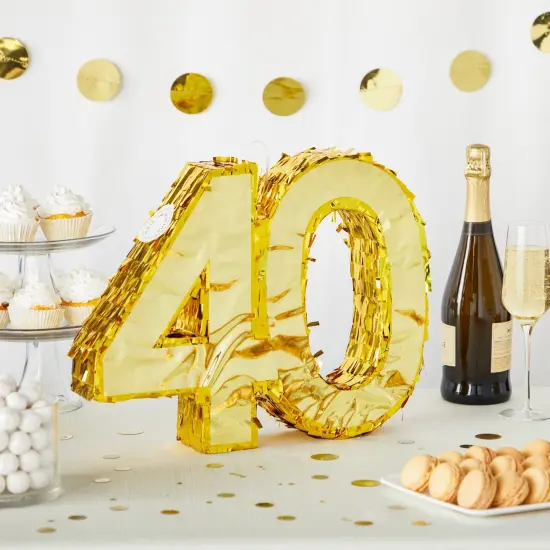 Gold Foil Number 40 Pinata for 40th Birthday Party Decorations, Centerpieces, Anniversary Celebrations (Small, 16.5 x 3 x 13 In) {2}