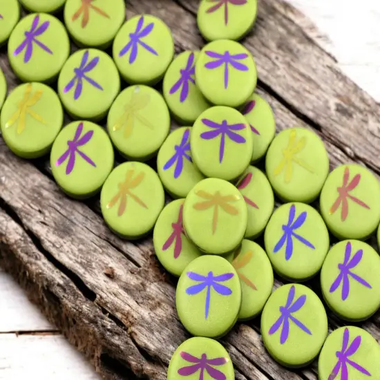 *8* 16mm Opaque Avocado Green Laser Tattoo Dragonfly Coin Beads {2}