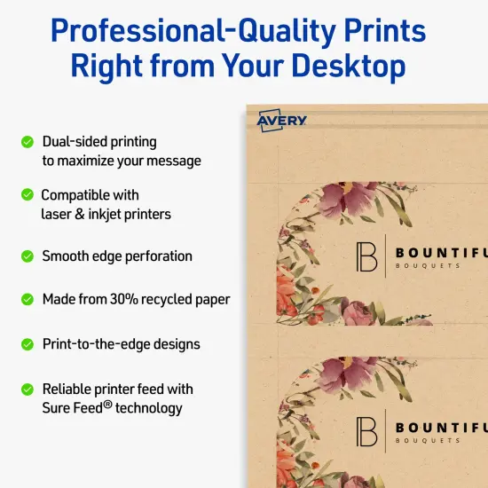 Avery Printable Single Rounded Corner Rectangle Business Cards, Sure Feed Technology, 2" x 3-1/2", Matte Kraft Brown Cardstock, Print-to-The-Edge, Laser/Inkjet Printable, 80 Total {8}