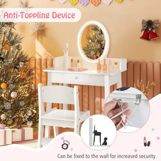 Costway Kids Vanity Set with Lighted Mirror Chair 2-Color LED Lighting for Girls Makeup White/Pink {3}