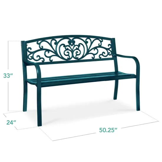 Best Choice Products Outdoor Steel Bench Garden Patio Porch Furniture w/ Floral Design Backrest Peacock Blue {2}