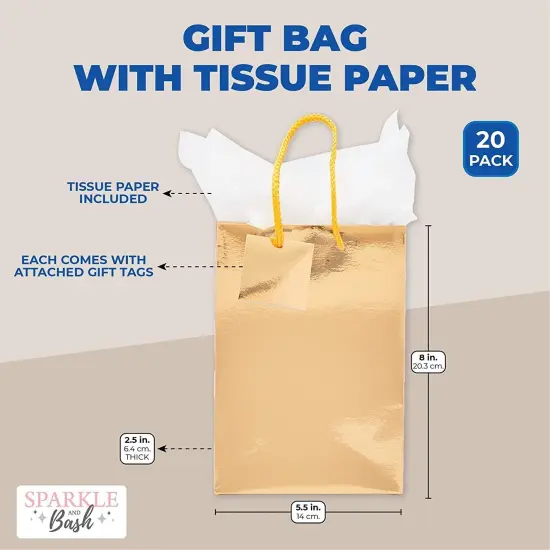 20 Pack Small Gold Party Favor Paper Gift Bags Bulk with Handles and Tissue Paper for Birthday (5.45 x 7.8 x 2.45 inches) {2}