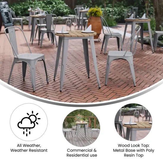 Merrick Lane Dryden Indoor/Outdoor Dining Table, 23.75" Round All Weather Poly Resin Top with Steel Base BrownTop/SilverFrame {4}