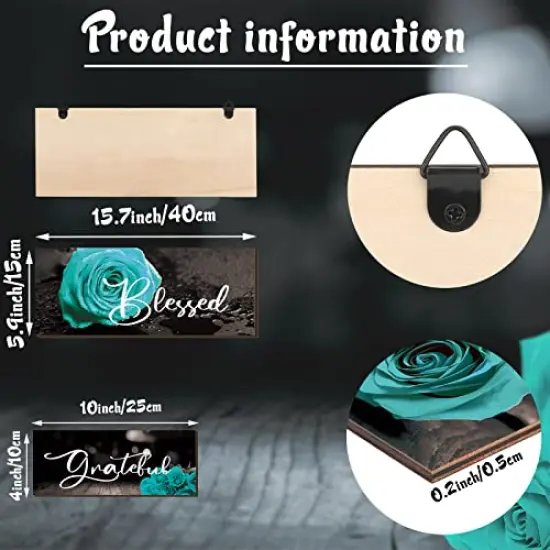 3 Pieces Rose Wooden Wall Decor Thankful Grateful Blessed Wooden Signs Inspirational Wall Art Signs Wedding Wall Decor for Room Kitchen Bathroom (Teal,16 x 6 Inch) {6}