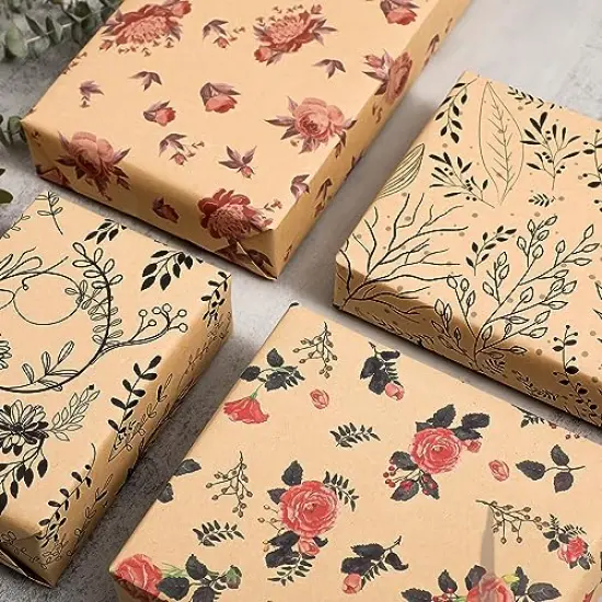 12 Pieces Wrapping Paper of Floral Design Folded Kraft Wrapping Paper 12 Sheets Recycled Gift Wrap for Birthday, Wedding, Holiday, Party, and Baby Shower Precut 20" X 29" {2}