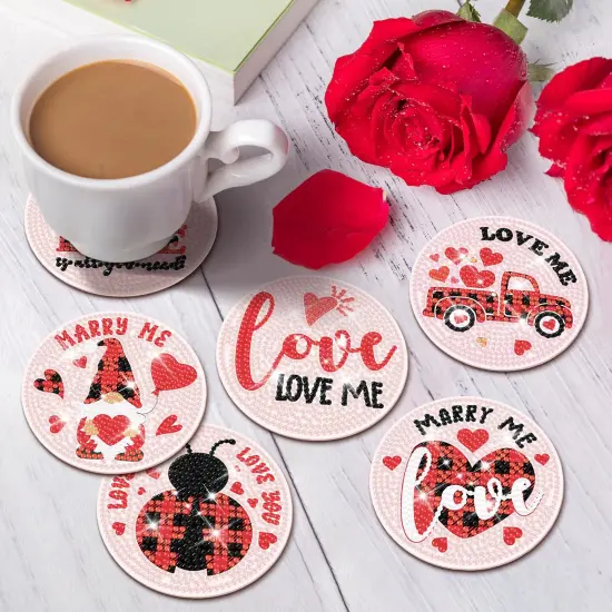 8 Pieces Valentine&rsquo;s Day Diamond Art Coasters Love Diamond Painting Coasters Kits with Holder DIY Coasters for Beginners, Adults, Kids, Diamond Art Crafts Supplies (Valentines) {4}