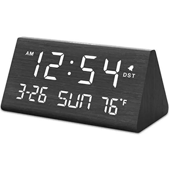 Digital Alarm Clocks for Bedrooms - Wooden Electric Clock with USB Ports, Date, Weekday, Temperature, 0-100% Brightness Dimmer, Adjustable Alarm Volume, Snooze, Auto DST {2}
