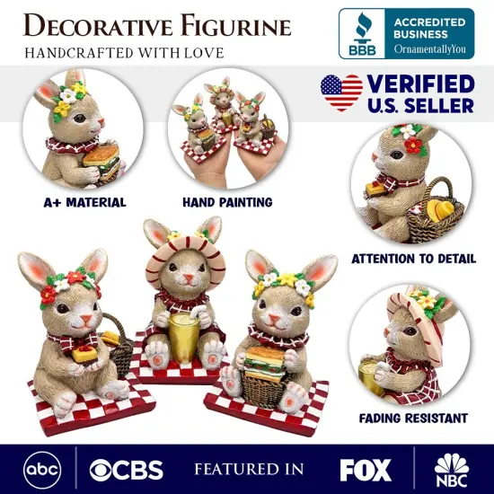 Joyful Picnic Gathering Bunny Trio Set of Three Figurines, Spring Rabbit Statue 4.5" Decor {2}