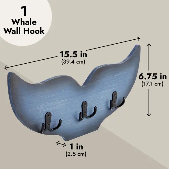 Whale Tail Wall Hook for Nursery, Nautical Ocean Wall Decor (Blue, 15.5 x 6.75 x 1 In) {3}