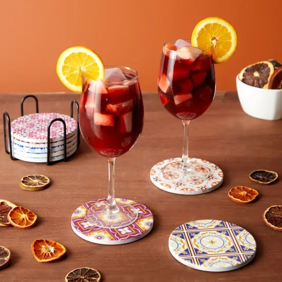 Set of 8 Ceramic Coasters for Drinks with Cork Base and Iron Holder, Mediterranean Tile Designs (4 Inches) Multicolor {3}