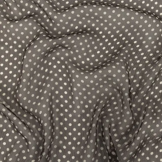 1 Yard Charcoal Cream Polka Dotted Crinkled Silk Chiffon 50 Inch Width {2}