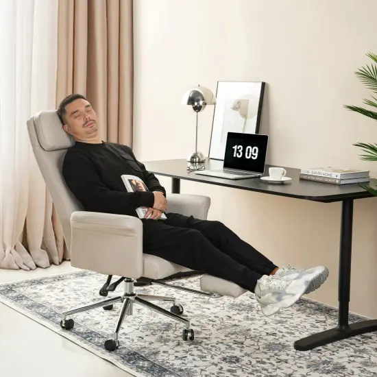 Modern Deluxe Faux Leather Gaslift Adjustable Swivel High Back Office Chair with Footrest and Armrest Ivory {2}