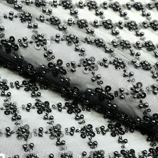 1 Yard Blossom Beaded & Sequined Stretch Mesh Fabric Black/Multicolor {4}