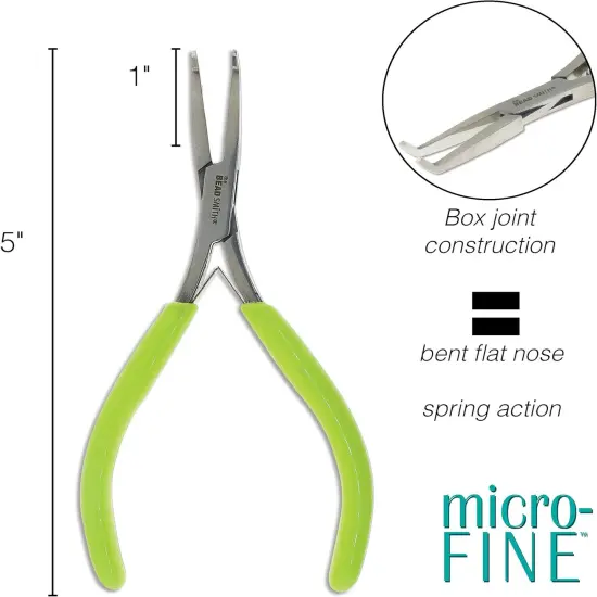 The Beadsmith Micro-Fine Bent Flat Nose Pliers, 5 inches (127mm) with Polished Steel Head, Green PVC Comfort Grip Handle with Double-Leaf Spring, Tool for Jewelry Making {3}