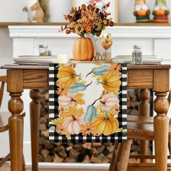 Fall Table Runner Plaid Maple Leaf Pumpkin Seasonal Autumn Burlap,13x72 Inch {2}