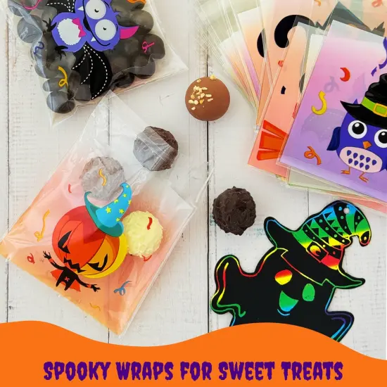 Wrapables Transparent Self-Adhesive 4" x 4" Candy and Cookie Bags for Party Favors, Trick or Treating (100pcs), Halloween {4}