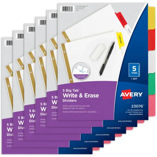 Avery Big Tab Write & Erase Dividers for 3 Ring Binders, 5-Tab Set, Multicolor Divider Tabs, Great for Organizing Projects, Reports, Finances, and More (6-Pack of 23076) {1}