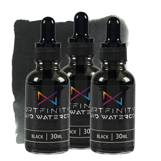 Artfinity Liquid Watercolor Paint 30 ml Bottle - 3 Pack, Black - Vibrant Dye-Based Liquid Watercolor w/ Glass Pipette, Fast-Drying, Fine Art Paint for Calligraphy, Airbrushing & Traditional Art {1}